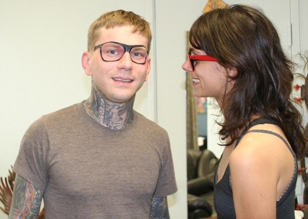  a guy from Los Angeles, California getting Ray-Ban sunglasses tattooed 