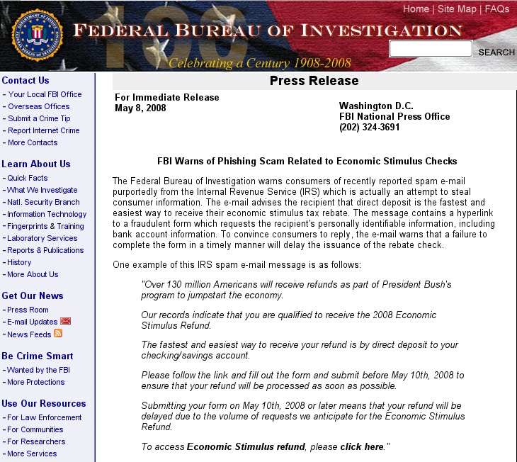 The FBI webpage shows a fragment of the phishing email